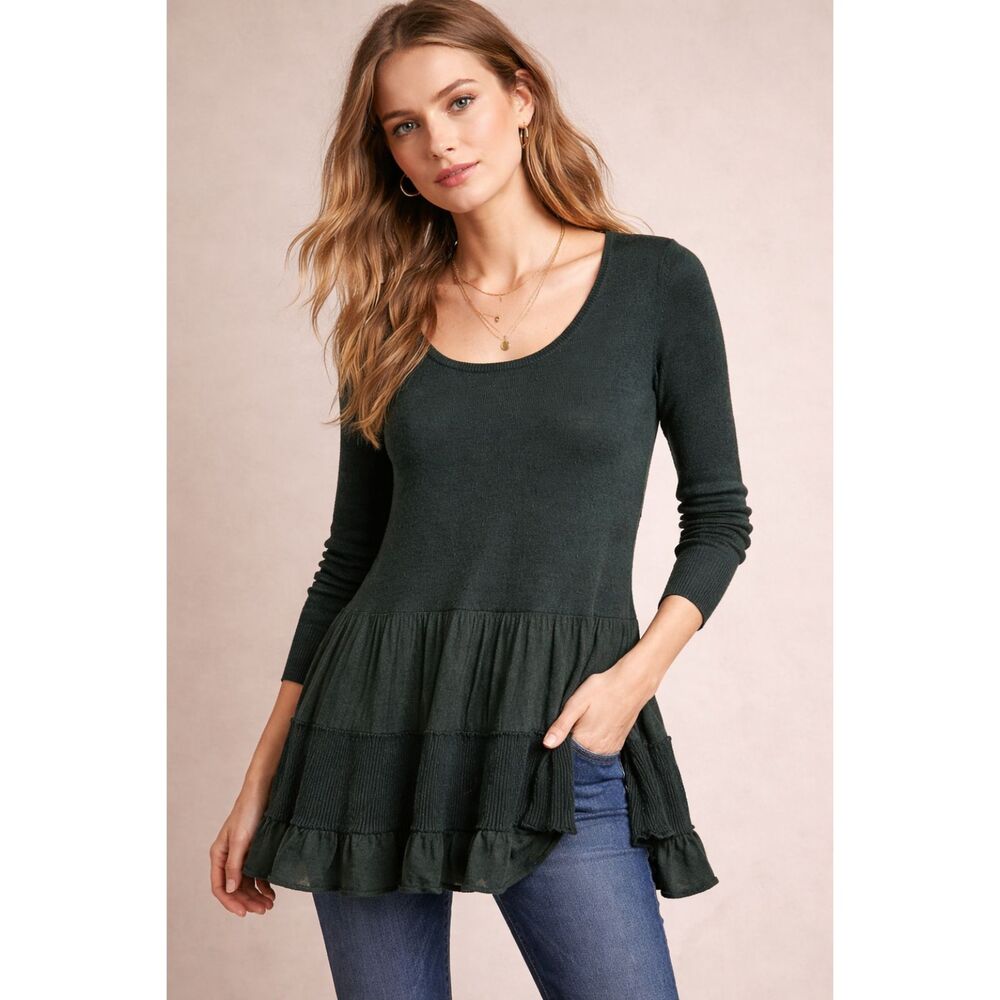 Anthropologie Knitted & Knotted Tiered Peplum Sweater Tunic Green Cotton Silk